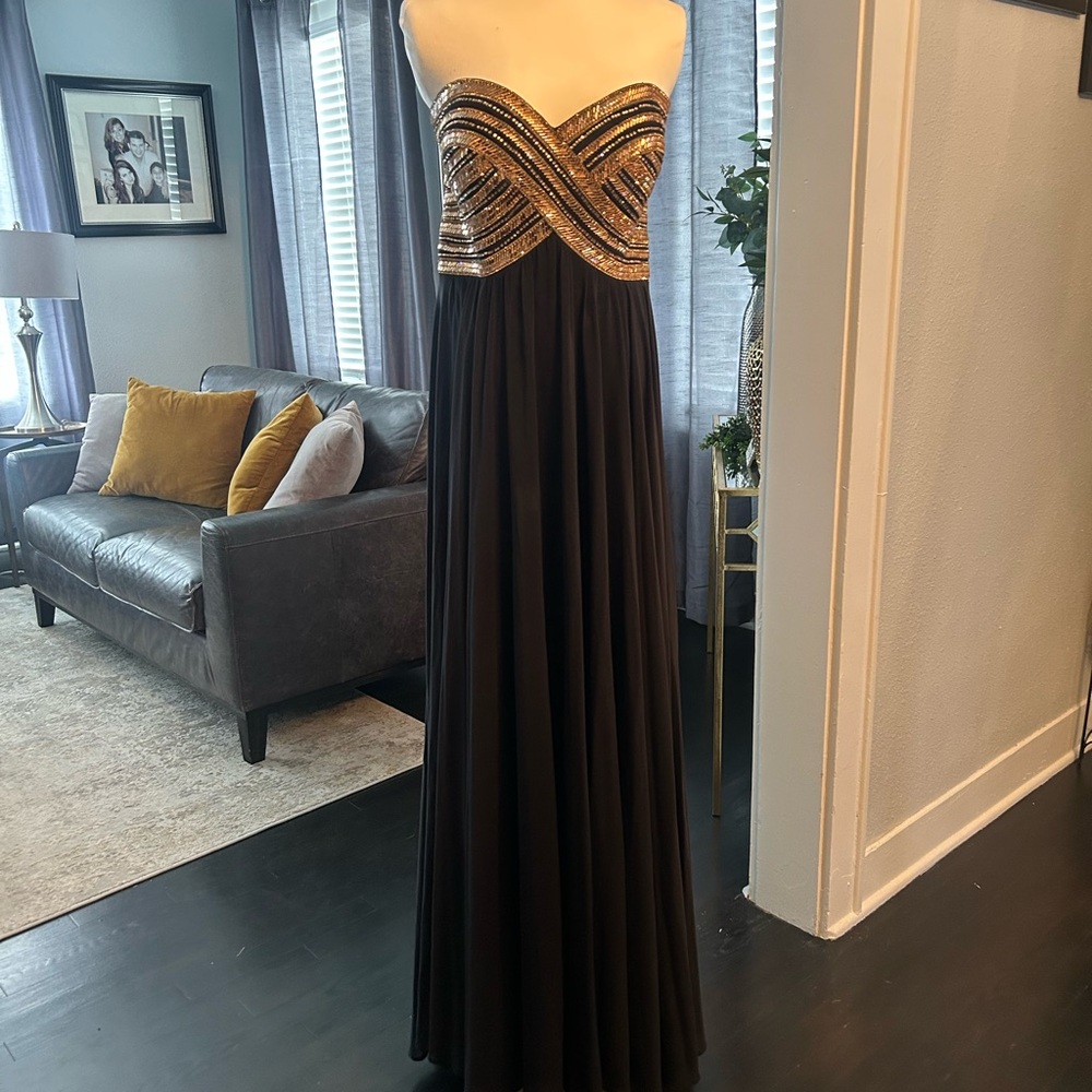 JVN by Jovani Black Strapless Gown with Gold Beaded Bodice